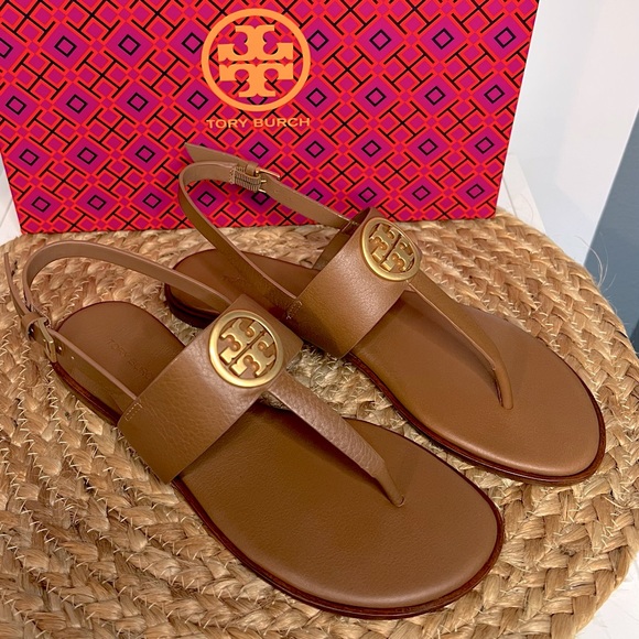 NEW Tory Burch Benton 2 Flat Thong Sandal Calf Leather Size 7 Royal Tan - Picture 2 of 7